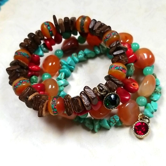 Hand Crafted Boho Tibetan Agate, Turquoise and Amber Wrap Bracelet - Picture 16 of 16